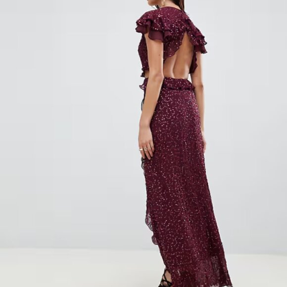 ASOS DESIGN Ruffle Maxi Dress With Open Back in All Over Sequin Size 14 - Picture 5 of 14